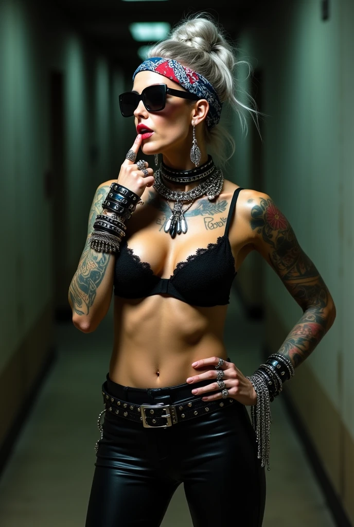 russian milf woman, grey hair (bouffant, top bun) and oversized square sunglasses and wide colourful bandana as headband, with very light green eyes, extremely pale. Big lips. Black lace push up bra, silicone breast,, skintight shiny black leggings. Flip flops. Lots of thick wide studded bracelets, chain collars and big rings,. Two loose studded belts,. Long earrings with chains and feathers. Standing with legs apart, one hand hands on her hip, the other, sucking her thumb, stretching her neck and looking up in surprise, craving., Neck, chest, stomach and wrists heavily tattoed. Toned abdominals, thin neck, slim legs and thin arms. Narrow hips. At a long narrow corridor at night.