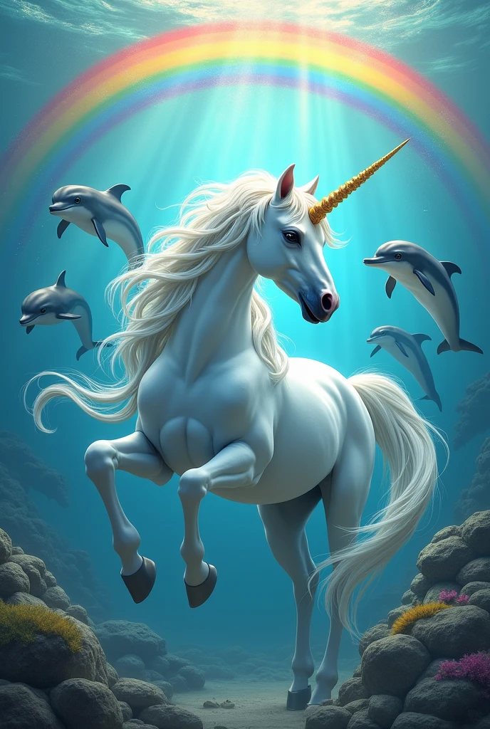 Unicorn with rainbow and dolphins