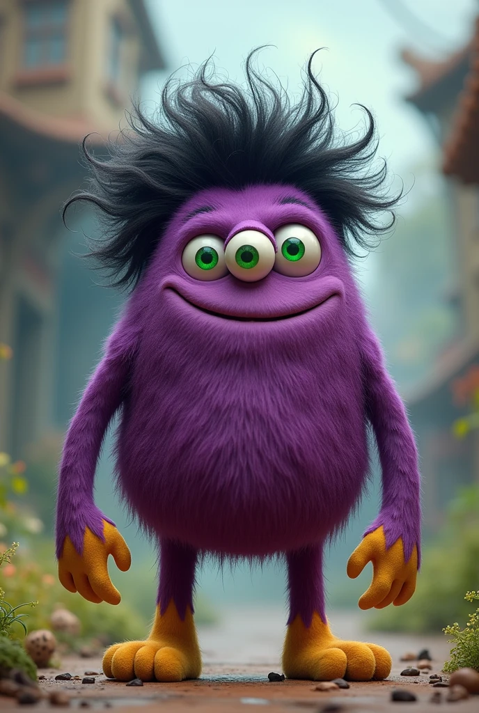 a friendly monster, he has a head with three green eyes and black hair, he has two arms one is shorter than the other, he has three legs, his feet are big and yellow, he has three toes on each foot. his whole body is purple.