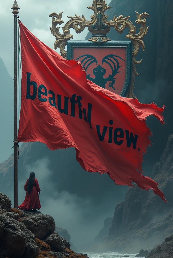 Flag  with the words &quot;beautiful view&quot; written on it and a coat of arms of death in the background