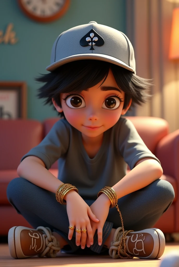 3d pixar type drawing of a dark-haired teenager,gray cap with a spade suit design,with gold chain type cord rings on finger gold watch looking at the floor Nike chelena sitting on the instagram log . And on the background of the wall profile of the social network Instagram written the name Aleh.