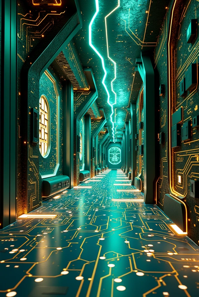 Imagine a futuristic and technological interior space that resembles a circuit board. The environment is filled with intricate patterns of lines and connections that mimic electronic circuits.. The walls and floor are made up of a printed circuit board design with gold and silver traces., and tiny LED lights shine at key points, creating a luminous and vibrant effect. The structures of space, such as columns and ceilings, They look like circuit boards with visible chips and electronic components.. The atmosphere is high-tech, with a color palette that includes metallics, electric greens and bright blues.