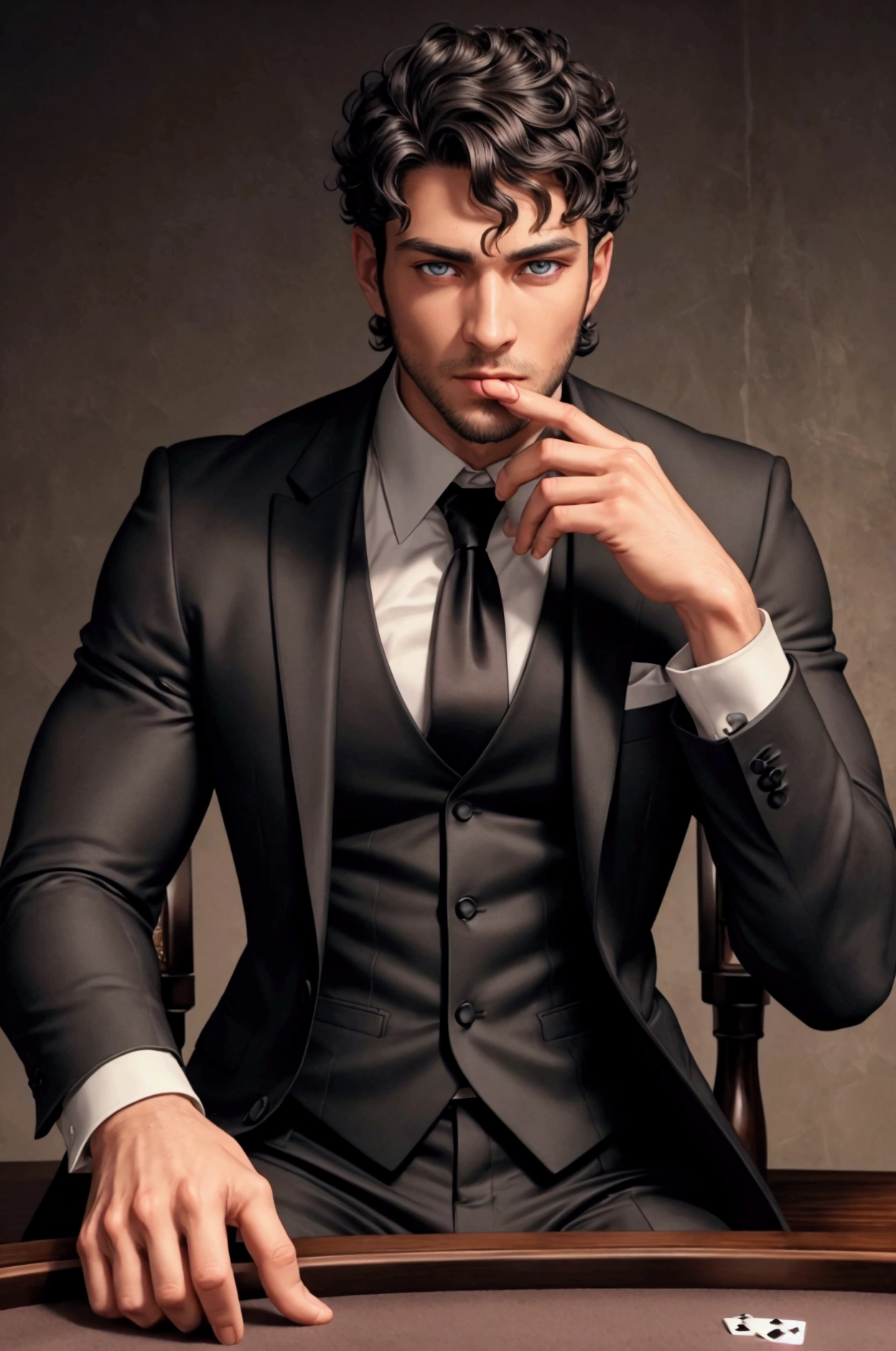 HDR, UHD, 8K, best quality, masterpiece, Highly detailed, sharp focus, detailed, ultra high res, amazing composition, intricate, hyperdetailed, detailed body, (detailed face:1.1), (rendered eyes), (perfect eyes), view from in front, solo focus, full body, man, muscular body, dark skin, brown skin, black hair, curly hair, short hair, grey eyes, black suit vest, white button up top, black tie, sitting, poker table, cigar, whiskey glass
