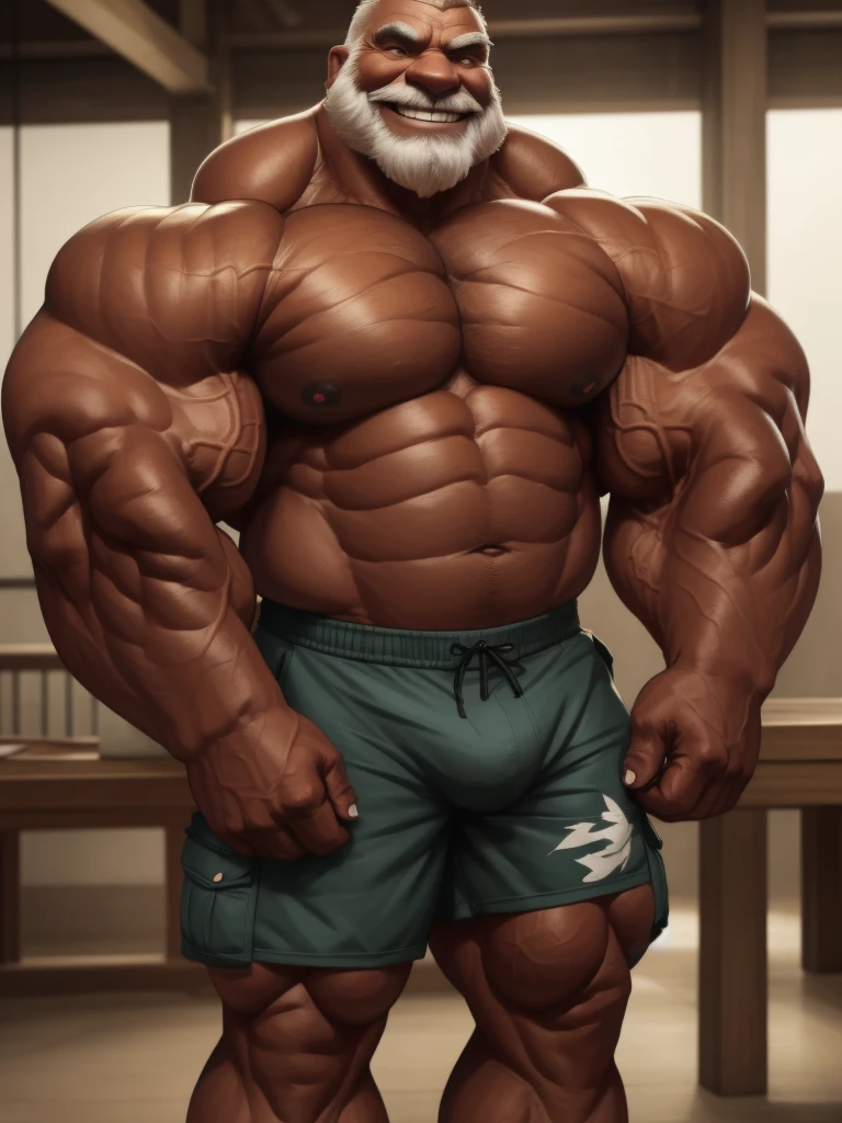 1boy, 1man, solo, gigantic, hyper detailed, (topless, shirtless, shorts cargo), well-muscled old man, bearded. ((extremely huge muscular, massive muscular, extremely muscle size, super thick arms, huge pec, hyper pec, bigger chest, extremely wide pectoral , huge arms)), wide smiling. Add textures and details to make the image more realistic, such as the appearance of the. Make sure the resulting image is high resolution, 8K quality