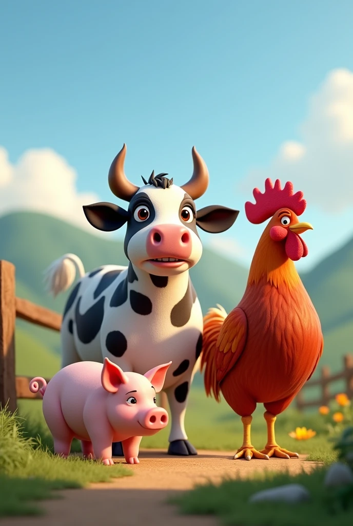 IMAGE OF A PIG, cow, REALISTIC HEN