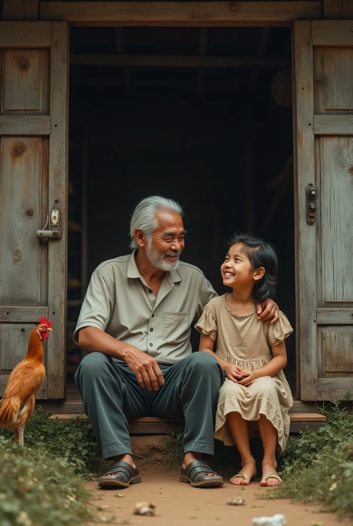 (Photorealism 1.2) high detailed definition cinematic cinematography father 50 years old and daughter sit at front of the old wood rusty house looking outside smile towards eachother morning mode malay Kampong background cats and chicken rooster