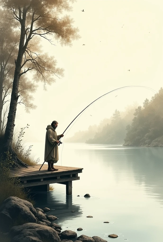 ink painting、River bank、Apostle Andrew was fishing from the pier... 、fishing pole, early morning, soft natural light