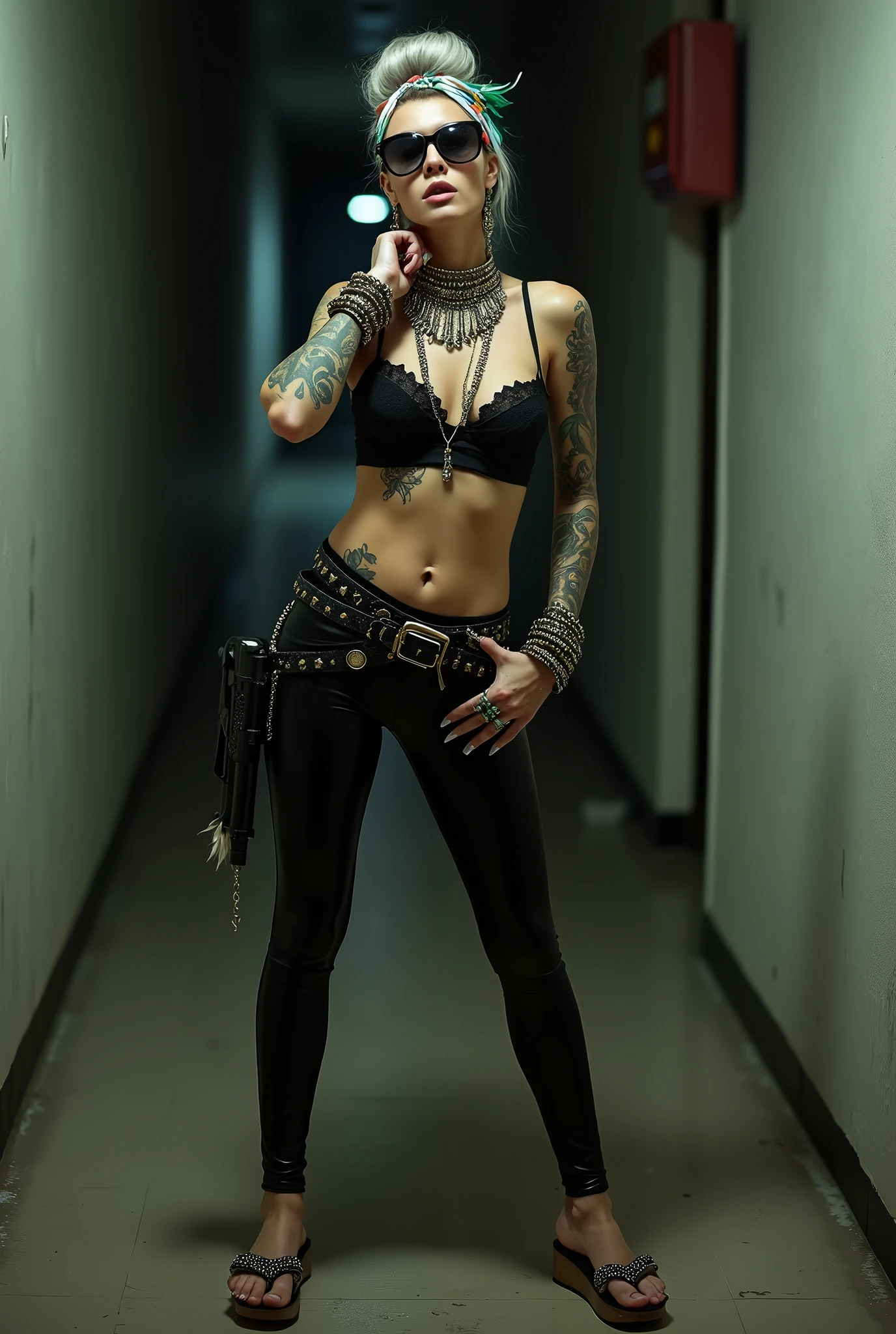 russian milf woman, grey hair (bouffant, top bun) and oversized square sunglasses and wide colourful bandana as headband, with very light green eyes, extremely pale. Big lips. Black lace push up bra, silicone breast,, skintight shiny black leggings. Flip flops. Lots of thick wide studded bracelets, chain collars and big rings,. Two loose studded belts. Pistol in shoulder holster,. Long earrings with chains and feathers. Standing with legs apart, one hand hands on her hip, the other caressing her neck, stretching her neck and looking up at the ceiling in surprise, craving., Neck, chest, stomach and wrists heavily tattoed. Toned abdominals, thin neck, slim legs and thin arms. Narrow hips. At a long narrow corridor at night. Full body.