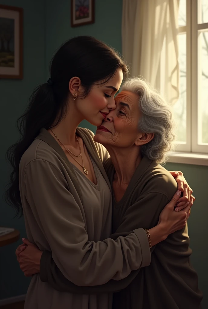kissing her grandmother's breast