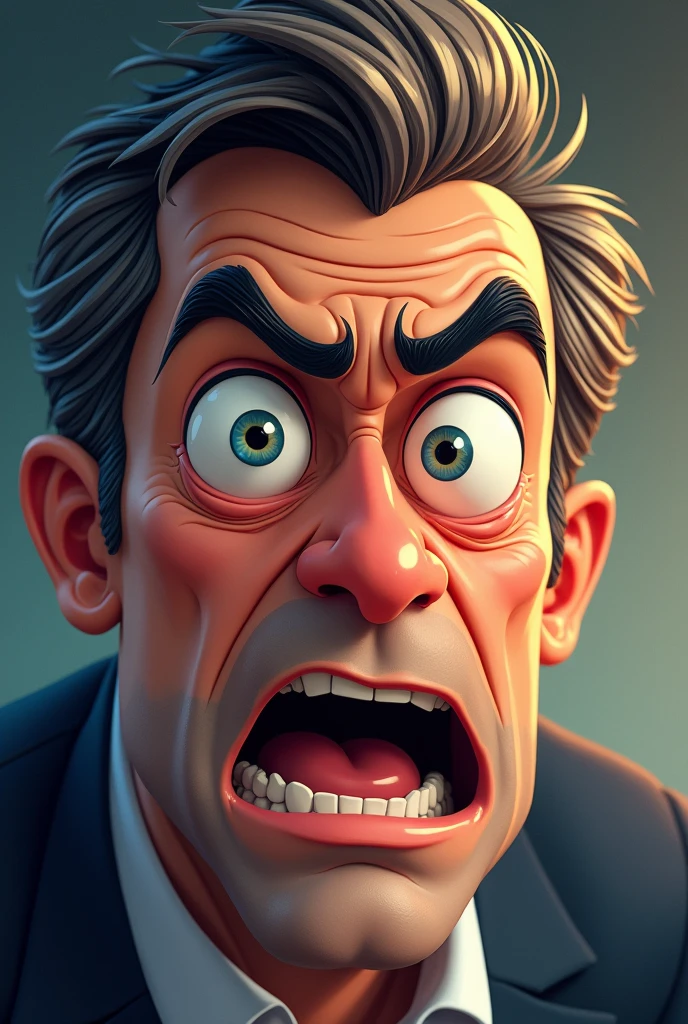 Create an image of The painting is completely centered on the narrator's face. The details are very close, capturing every nuance of her expression. The image shows the narrator with a frantic look, Large, bulging eyes reflecting palpable anguish. His pupils are dilated, and his eyebrows are raised in a grimace of despair. - that it is a cartoon and it is a handsome man closing his mouth as if he wanted to open it so that it is the same as before