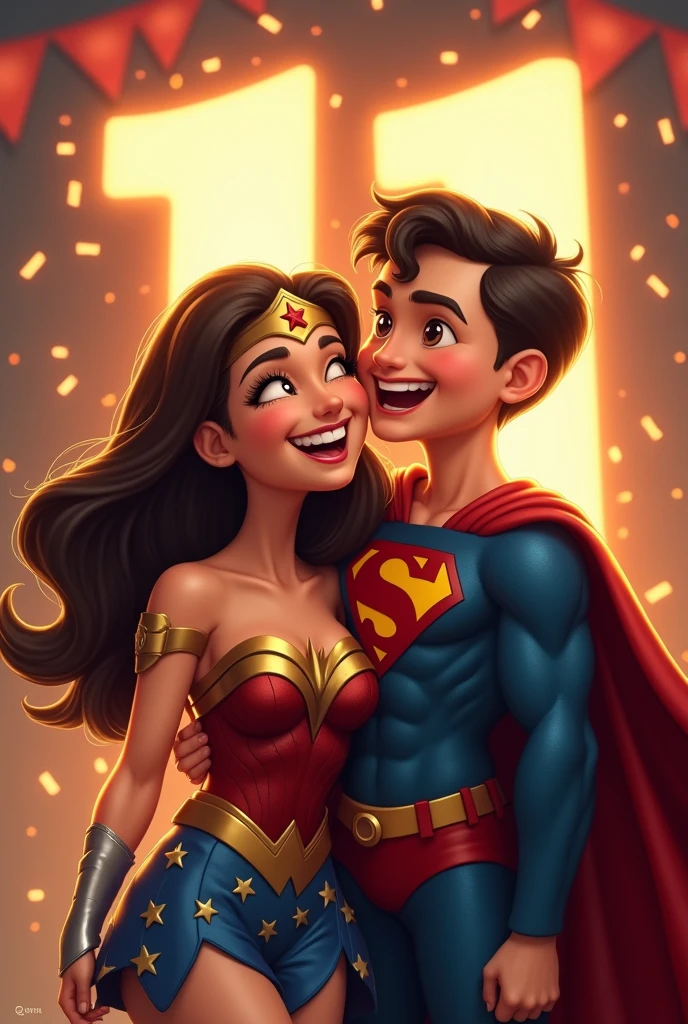 Wonder Woman brown hair and Superman cuter, happily celebrating eleven years of marriage Celebration, image as album cover Number eleven in the background of the image Woman singing in the background of the image