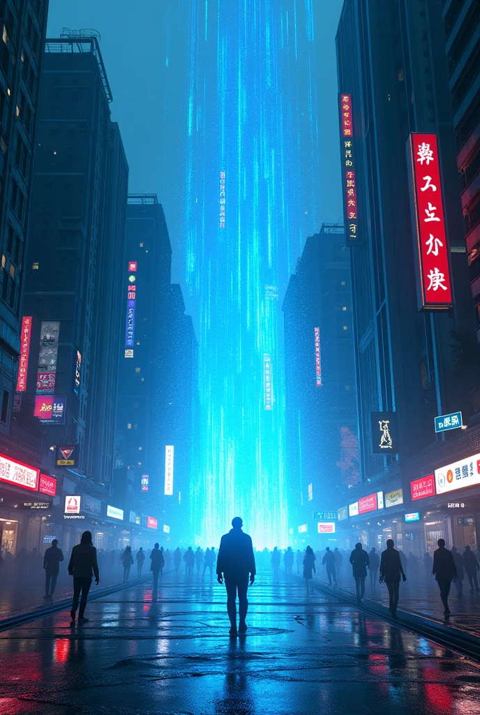 (Glitch Art), holographic, interdimensional blue distortion space on the center of cyberpunk street city