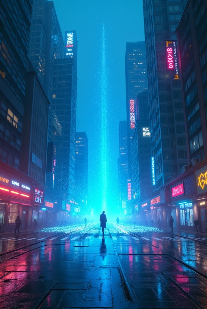 (Glitch Art), holographic, interdimensional blue distortion space on the center of cyberpunk street city
