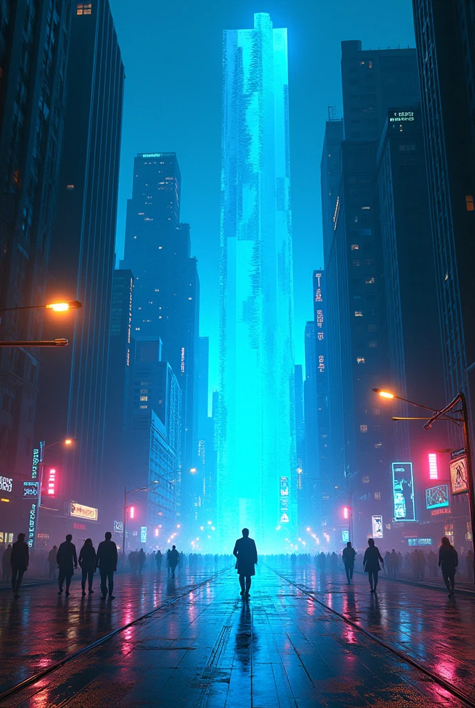 (Glitch Art), holographic, interdimensional blue distortion space on the center of cyberpunk street city