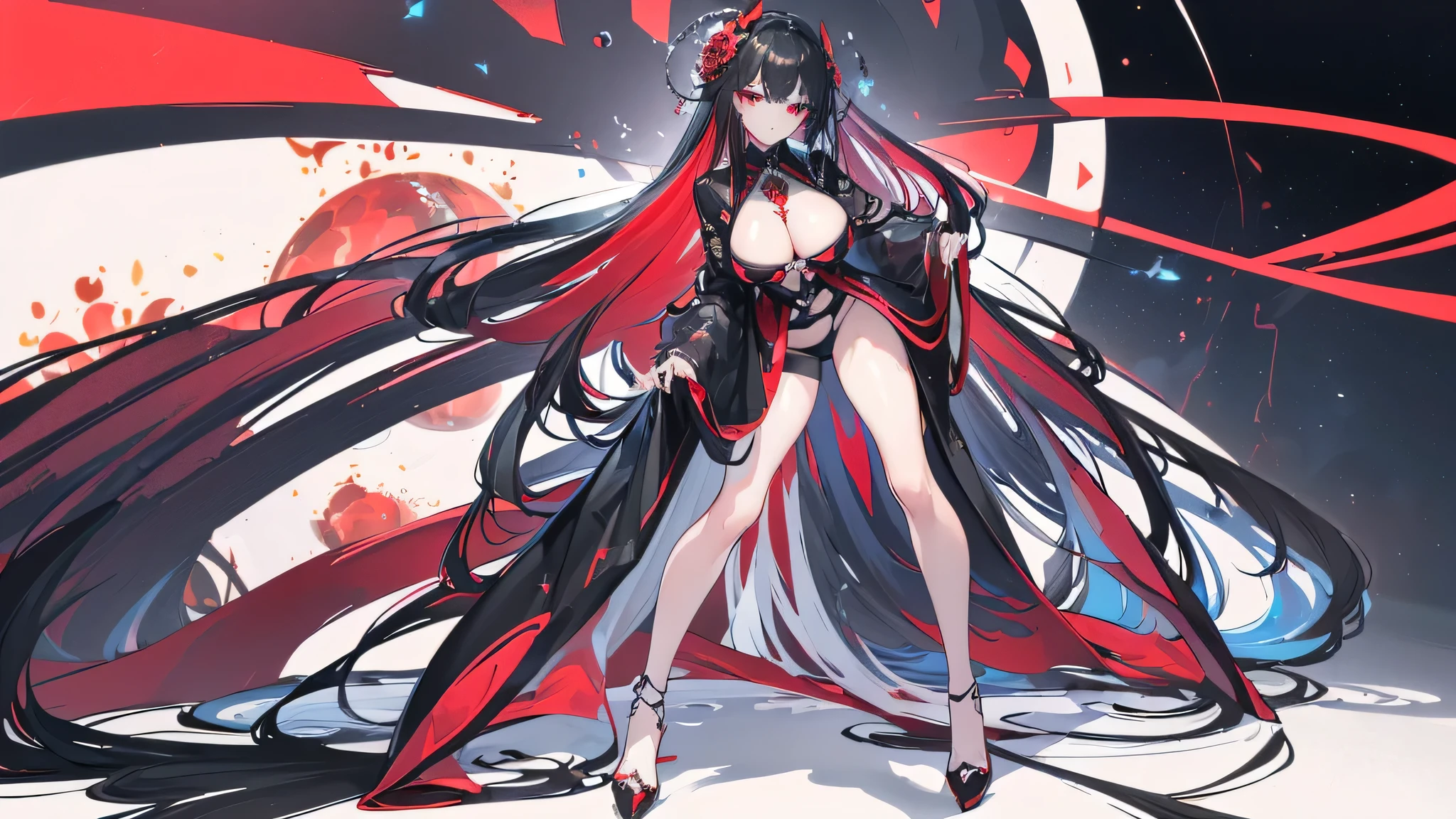 Exquisite eyes),(Clear and beautiful eyes:1.61),masterpiece, ung girl,(Black clothes and some red gems), Black long hair, (She has a huge red gem on her chest), Good Hand,((The Havoc of StarCraft)),full-body shot,Fighting Stance,(Red Eyes:1.466),short and small,(Very big breasts:1.35),(Pretty Face),(full-body shot:1.33),Beautiful hands