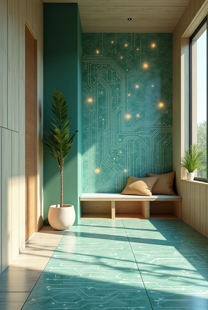 Imagine an interior space that incorporates the design of a circuit board in a subtle and artistic way.. The walls and floor feature printed circuit board patterns., But these patterns are stylized with soft colors and textures that mimic natural materials such as wood or marble.. Circuit lines integrate seamlessly into the design, creating a mosaic or wall art look rather than a strict technological environment. Small warm lights or decorative elements are located in strategic points, adding a cozy and bright touch. The space has a relaxed and elegant air, with a color palette that includes neutral tones, soft blues and emerald greens.