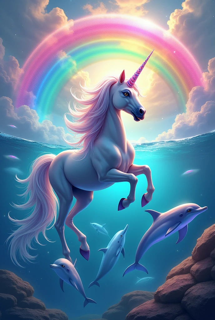 Unicorn with rainbow and dolphins with bright colors