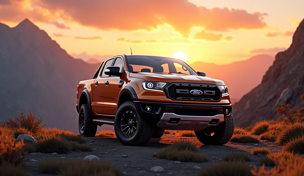 (photorealism:1.2) a beautiful ford ranger with logo in the mountains at sunset