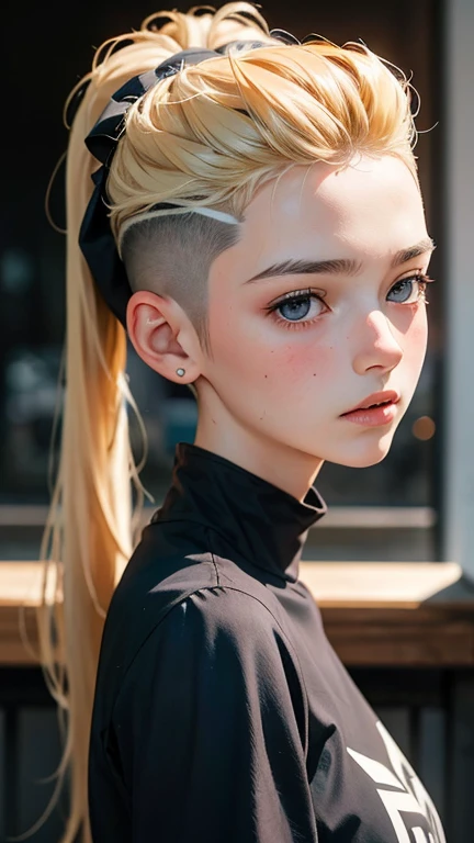 a 20 yo woman, blonde,hair in red and blue dyed pigtails (hi-top fade:1.3), dark theme, soothing tones, muted colors, high contrast, (natural skin texture, hyperrealism, soft light, sharp, perfect face)