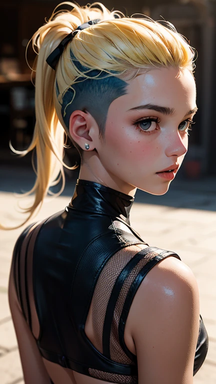a 20 yo woman, blonde,hair in red and blue dyed pigtails (hi-top fade:1.3), dark theme, soothing tones, muted colors, high contrast, (natural skin texture, hyperrealism, soft light, sharp, perfect face)