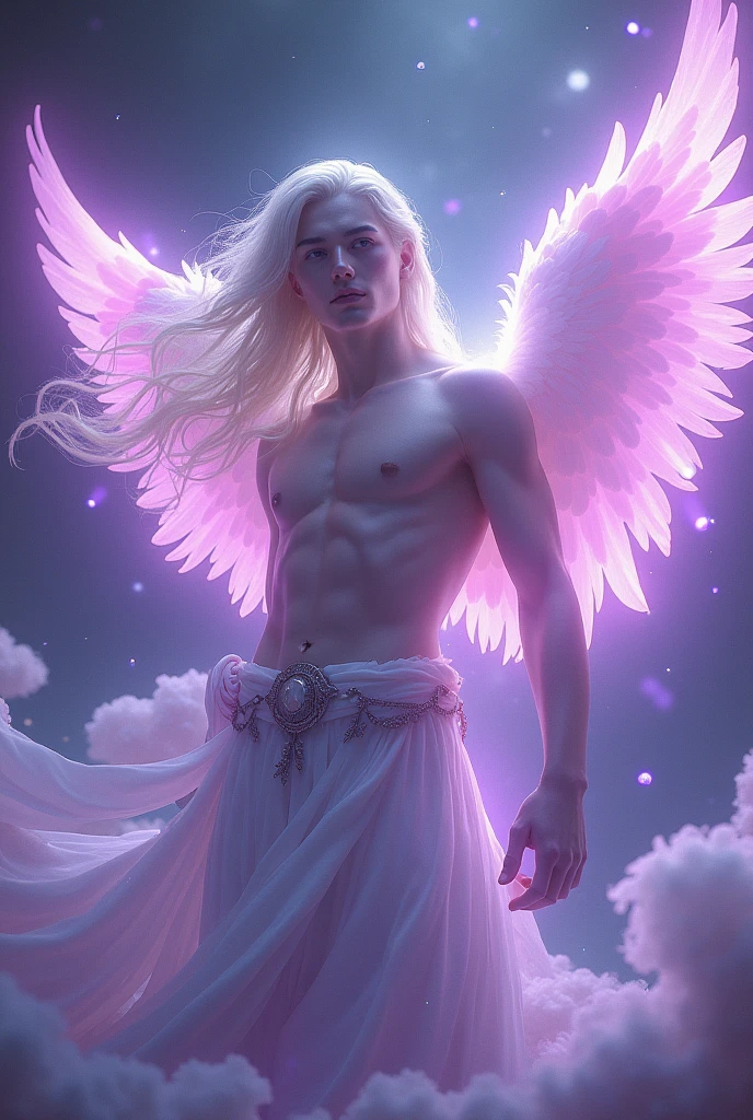 Young male angel of violet flame with open wings with long white and violet hair