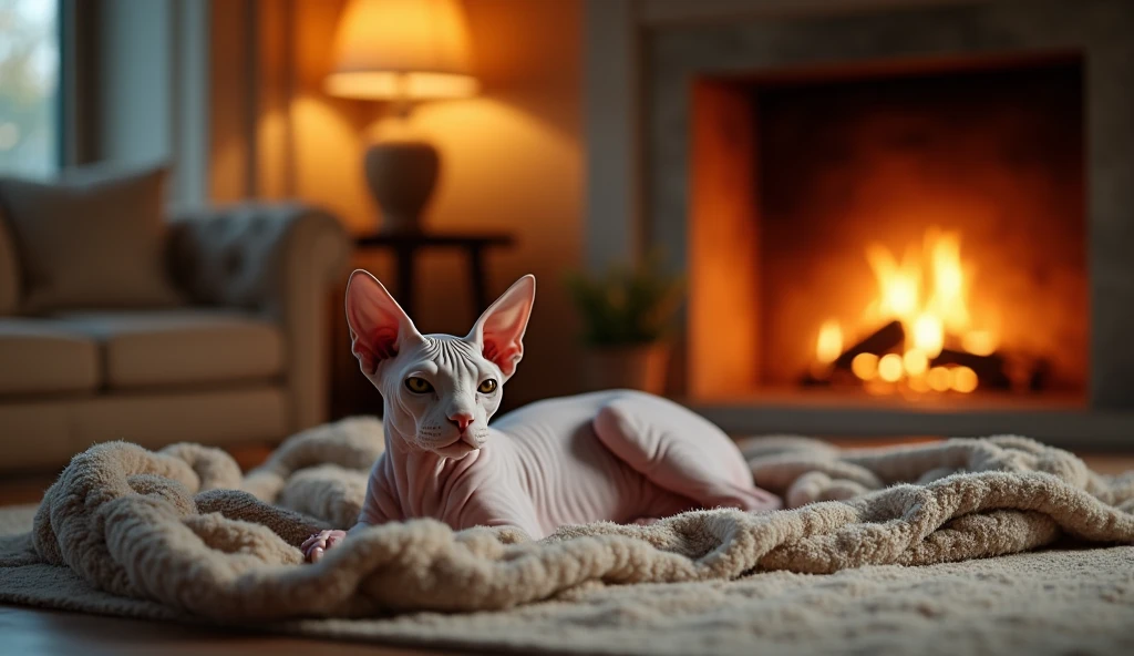 sphynx breed cat in a living room.  The room has warm lighting, a soft blanket, and a fireplace in the background, photorealista, 8K, (melhor qualidade,4K,8K,alta resolução,