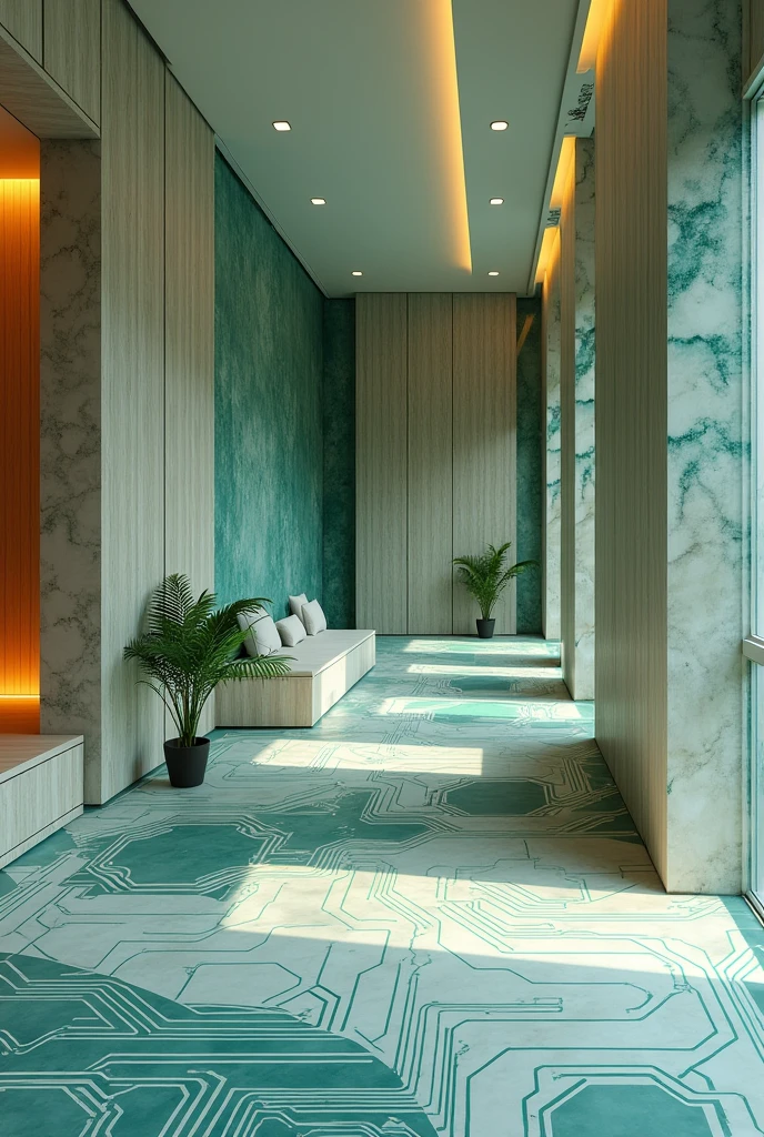 Imagine an interior space that incorporates the design of a circuit board in a subtle and artistic way.. The walls and floor feature printed circuit board patterns., But these patterns are stylized with soft colors and textures that mimic natural materials such as wood or marble.. Circuit lines integrate seamlessly into the design, creating a mosaic or wall art look rather than a strict technological environment. Small warm lights or decorative elements are located in strategic points, adding a cozy and bright touch. The space has a relaxed and elegant air, with a color palette that includes neutral tones, soft blues and emerald greens.