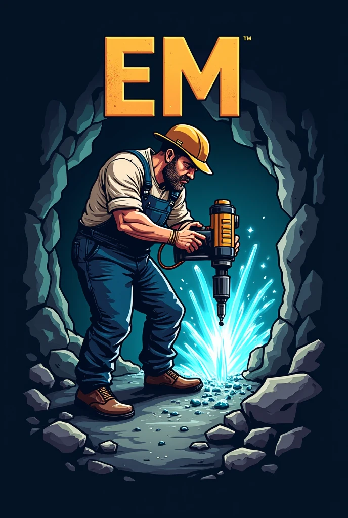 logo where I draw a man drilling into a tunnel and mineral crystals appear and with large letters EM