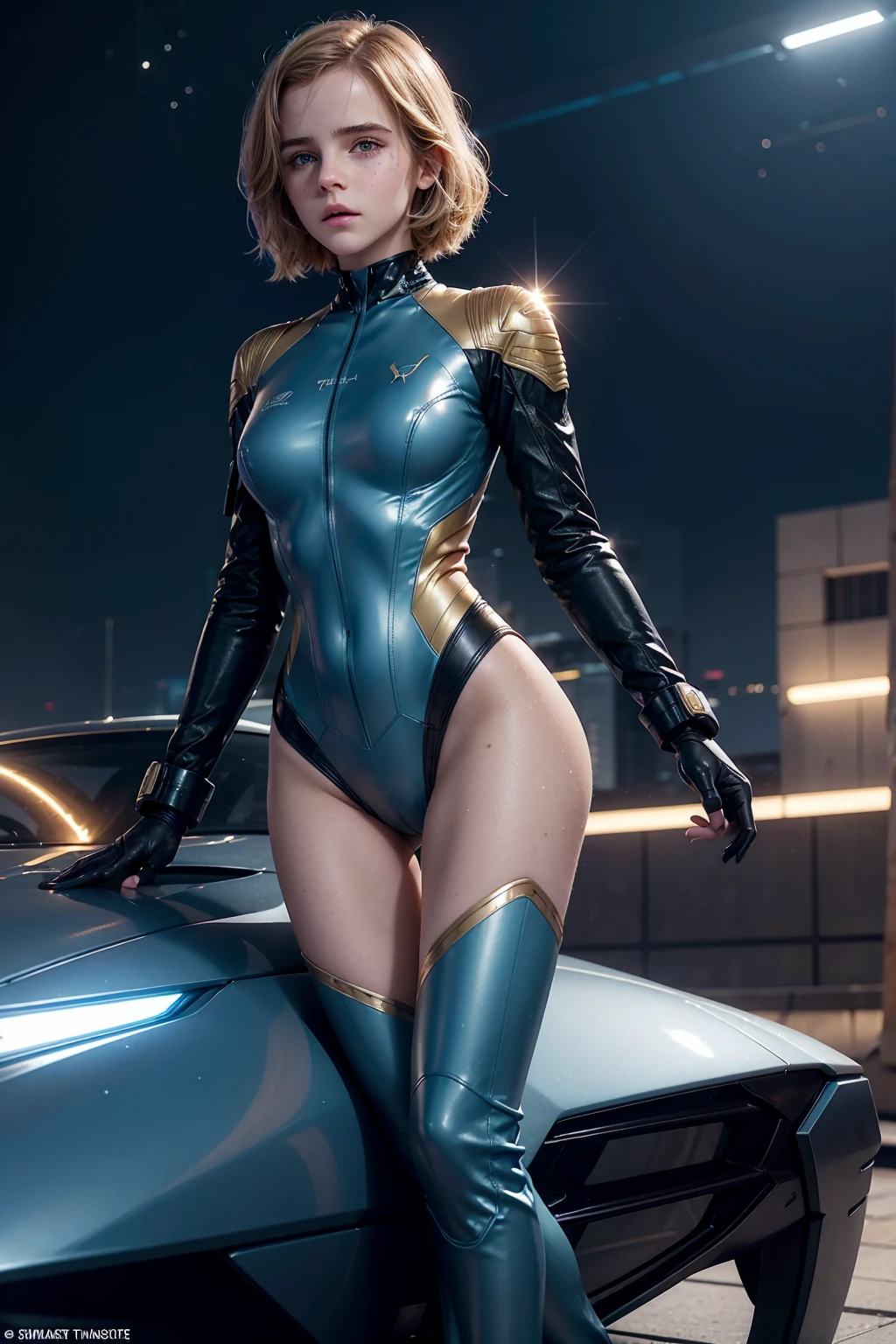 sci-fi. futuristic scenario. detailed beautiful teen emma watson as a sexy future soldier. blonde. freckles. sparkly blue eyes. sweating. slender frame and beautiful figure. sitting on roof edge. gold tight nanosuit bodysuit. goggles. background flying cars.