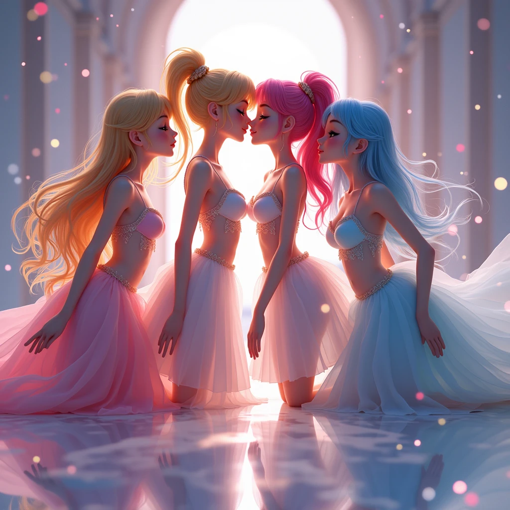 (Graceful Full Body of Extremely Detailed((Sexy Princesses Group in a row:1.37))), KAWAII perfect face with Reflective Eyes, Detailed(Delicate Clothing textures), Correct Graceful Legs, Dynamic Joyful Expressions LifeLike Rendering, Specular Reflection of mirrored floor, (TopQuality 8K Ultra-detailed masterpiece (ProfessionalPhoto:1.37))(((Raw, Realistic))), (Acutance:0.8), (Luminism:1.28), (Renaissance art style), Colorful Light particles, (Full body from side) {Kissing Face to Face|Cute Peach AssFocus|(NakedApron with (Overflowing Sideboob))}, Radiant Fine Skin with Transparency, (Exposed:0.64) {Pink Hair|LightBlue Hair|Blonde|Pure White Hair|Liquid Hair|Red Shoes}, Perfect Lighting