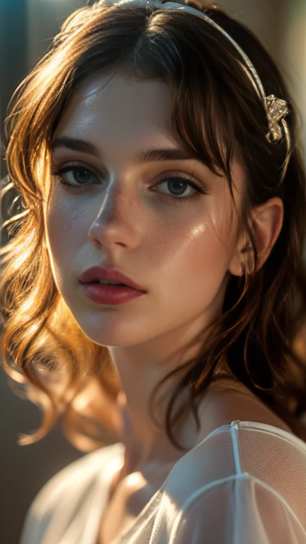 (((ultra realistic))) Photo, masterpiece, top quality, (pale skin), (Ultra detailed face and eyes:1.3), 1 girl, Adult, in a T-shirt, (Eye makeup, mascara) , ((large detailed lips)), ((ash wavy hair)), ((Chyolka)) , (Natural breasts), Slim waist. ((Posing)), photoshoot, studio (soft lighting), (The play of light and shadows), depth of field, bokeh, (special attention to skin detail: 1.2), Detailed leather texture, skin pores. (Airy atmosphere of the frame. Color range - delicate, Bright, white, Pink tones), UDR, ((Film grain)), ((rays)), ((glare of the sun)), ((waist up portrait, close to the camera)) , ultra detialed,