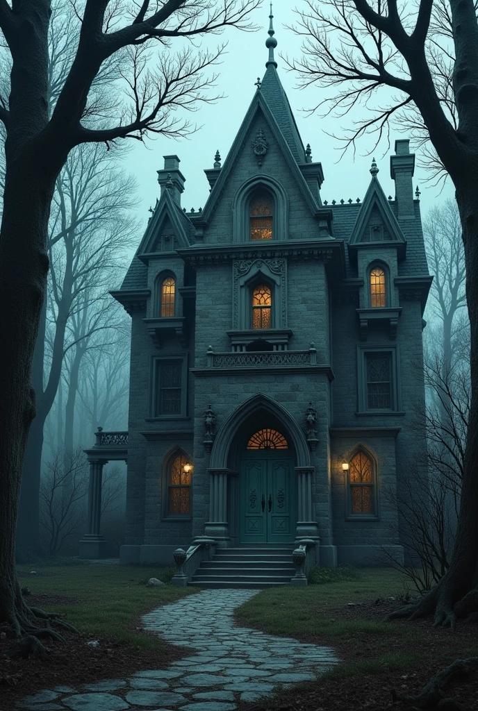 gothic haunted mansion in the woods, scary, facing the cold color themed door