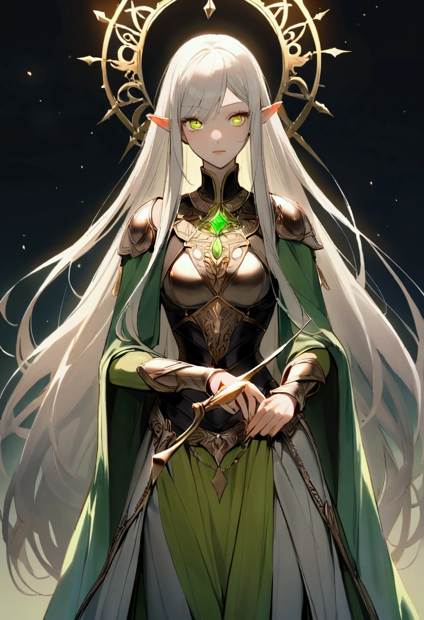 A half-elf man of tall, slender stature, with about 1,85 meters tall and weighing approximately 72 kg. Her pale skin has a slight golden hue., which reflects its elven heritage and gives it a subtle glow under the light. His face is angular, with fine and delicate lines, typical of elves, but with a human firmness that suggests a life of challenges and adventures.Her long, straight hair is a silver color with a metallic sheen., cascading over her shoulders and almost reaching her waist. These silver strands contrast with her vibrant eyes., which are a deep green with golden highlights, giving the impression that sparks of magic shine in his gaze. Eldarion has thin, well-defined eyebrows., which accentuate their often melancholic expression.He wears elegant leather armor, that combines functionality with an artistic touch, reflecting his bardic nature. The armor is adjusted to your body, allowing agile and graceful movement, and is decorated with subtle elven details. Attached to your waist, Eldarion carries a fine, well-crafted rapier., a weapon he wields with precision and style.Eldarion is also often seen with an ornate lute., which he treats with great reverence. The instrument is made of dark, polished wood., with elven carvings that seem to glow in the moonlight. Sobre seus ombros, he wears a cape that flows softly in the wind, with a greenish hue that seems to blend in with the nature around it.His posture is erect and his movement is graceful., but his eyes and expression suggest a deep knowledge of the mysteries and sorrows of the world. Eldarion exudes a charismatic presence, but also an emotional distance that arouses the curiosity of those who cross your path.