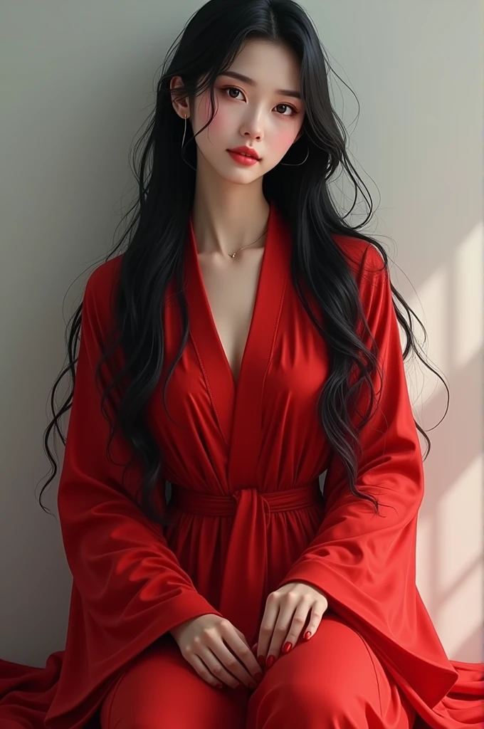 1girl, long black hair, wearing a red robe, smiling faintly, realistic details, realistic shadows, white skin