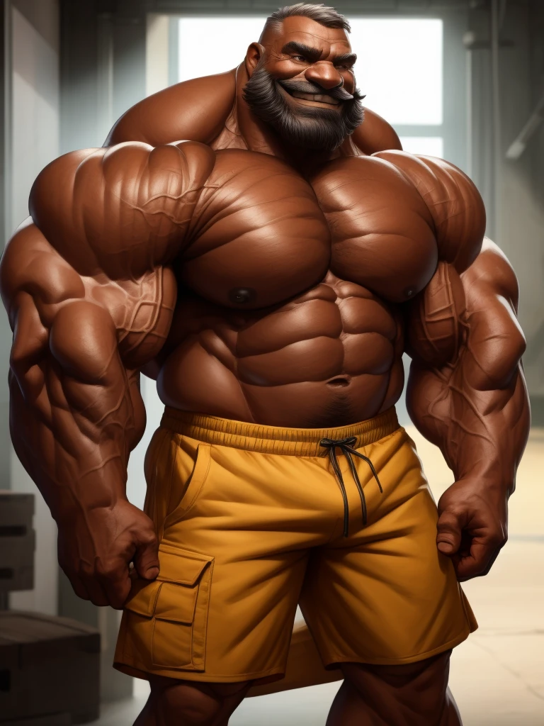 1boy, 1man, solo, gigantic, hyper detailed, (topless, shirtless, shorts cargo), well-muscled old man, bearded. ((extremely huge muscular, massive muscular, extremely muscle size, super thick arms, huge pec, hyper pec, bigger chest, extremely wide pectoral , huge arms)), wide smiling. Add textures and details to make the image more realistic, such as the appearance of the. Make sure the resulting image is high resolution, 8K quality