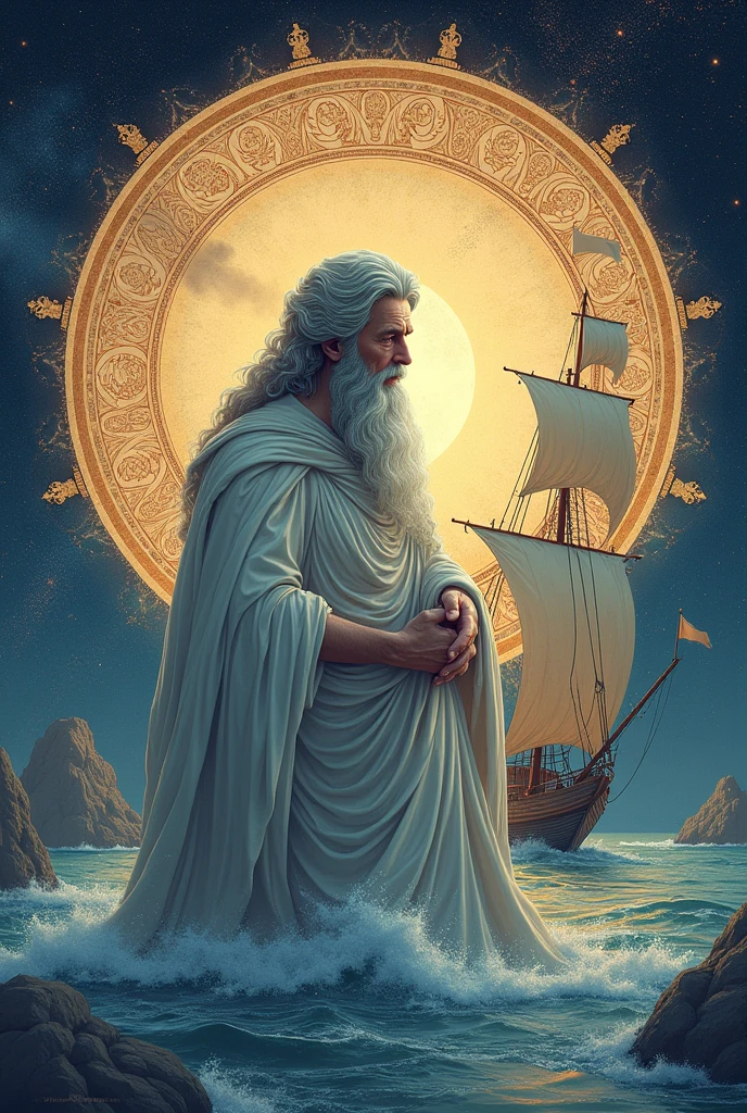 Homer's mandala and the hater with the ship, a smooth image without texture for coloring that looks like Homer and has reference to the Odyssey