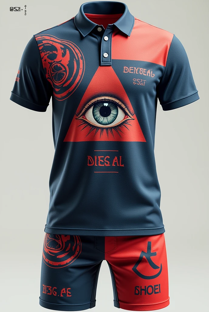 Polo and shorts design with a triangle and an eye in the center, that it is a unique and urban model and that young people like it when it is seen in 3D