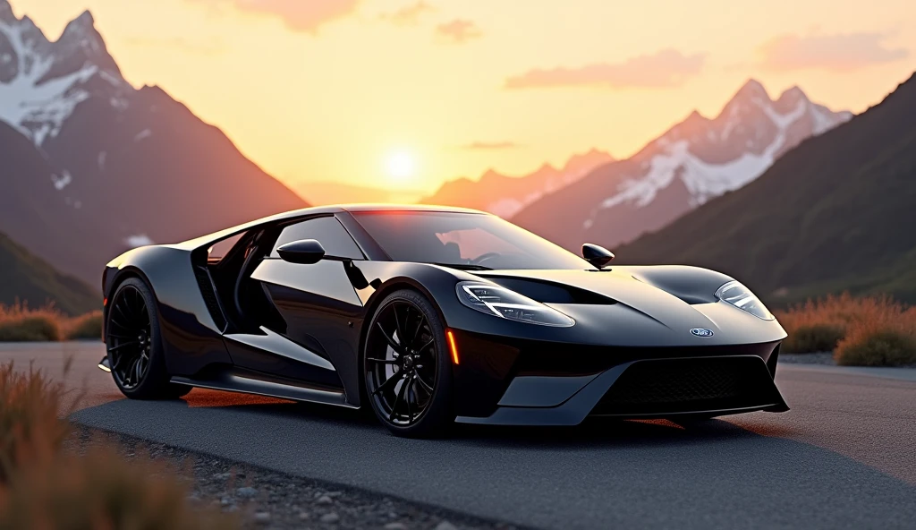 (photorealism:1.2) a beautiful ford interceptor with logo in the mountains at sunset