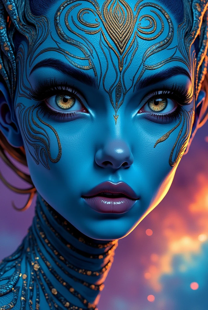 a close-up of a beautiful lizard skinned female comic being with spiral patterns on her blue face with a colorful rainbow nebula in the background