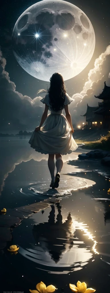 One in a white dress(bit girl:1.5)Look up at the stars,(Stand on the shore:1.1),at the lakes,facing away from the audience,Dark black(Long flowing hair:1.2),The vast night sky has many shining stars,(A round of brilliance(themoon:1.1)Hang high in the night sky),The clear moonlight rippled through the clouds on the water,(The reflection of the ancient town buildings appears on the water),The surface of the water is illuminated by moonlight,(ultra-wide-angle),(Highlight the vastness of the night sky),(Map of Jiangnan Water Town),There is a visual effect of the wind blowing in the air,From the bottom point of view,Melancholic tones,(There are small yellow flowers:1.1),(light and shadow effect),(Depth of field effect),(Tyndall),(Light particle tracing),(Motion picture film effects),(rendering by octane),(CG),(Cinematic lighting visuals),(vivd colour),(Obvious layers),(Photography Award),(8k wallpaper),(Master painting),(Masterpiece),(best qualtiy), photorealestic,realisticlying