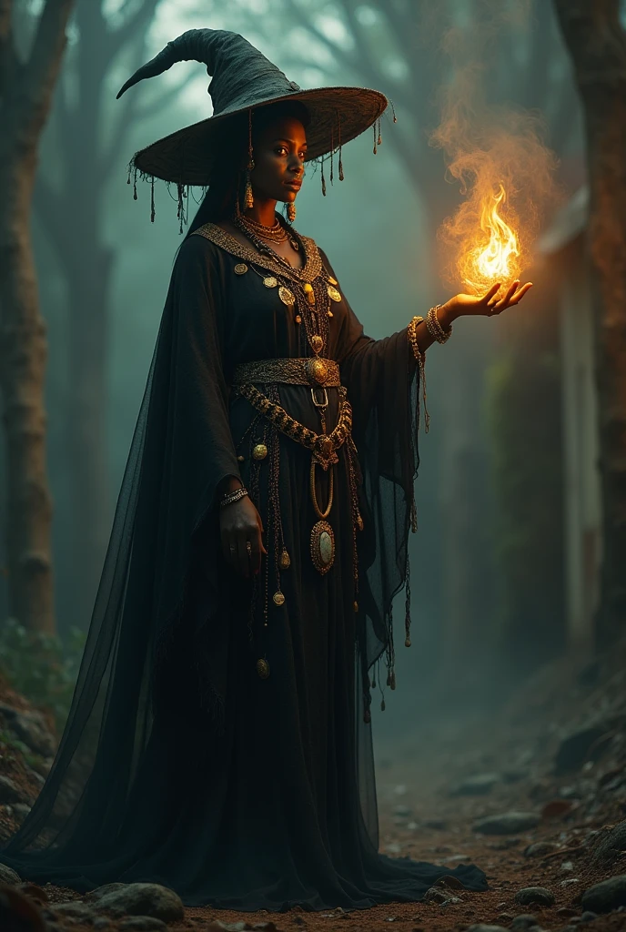 a voodoo african witch, golden eyes, macabre atmosphere, casting a spell, macabre atmosphere, (best quality,8k,highres,masterpiece:1.2),ultra-detailed,(realistic,photorealistic,photo-realistic:1.37),HDR,UHD,studio lighting,ultra-fine painting,sharp focus,physically-based rendering,extreme detail description,professional,vivid colors,bokeh,dark fantasy,occult,mystical,cinematic lighting,dramatic shadows,moody,ominous