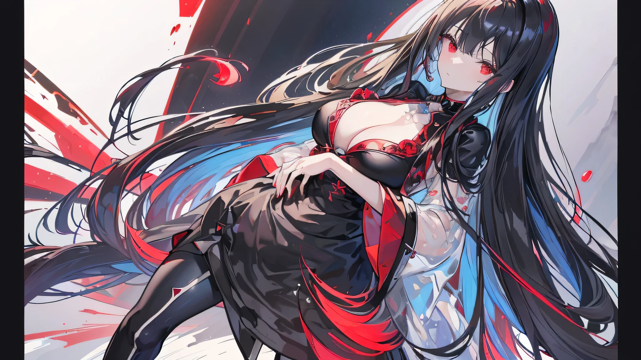 Exquisite eyes),(Clear and beautiful eyes:1.61),masterpiece, ung girl,(Black clothes and some red gems), Black long hair, (She has a huge red gem on her chest), Good Hand,((The Havoc of StarCraft)),full-body shot,Fighting Stance,(Red Eyes:1.466),short and small,(Very big breasts:1.35),(Pretty Face),(full-body shot:1.33),Beautiful hands