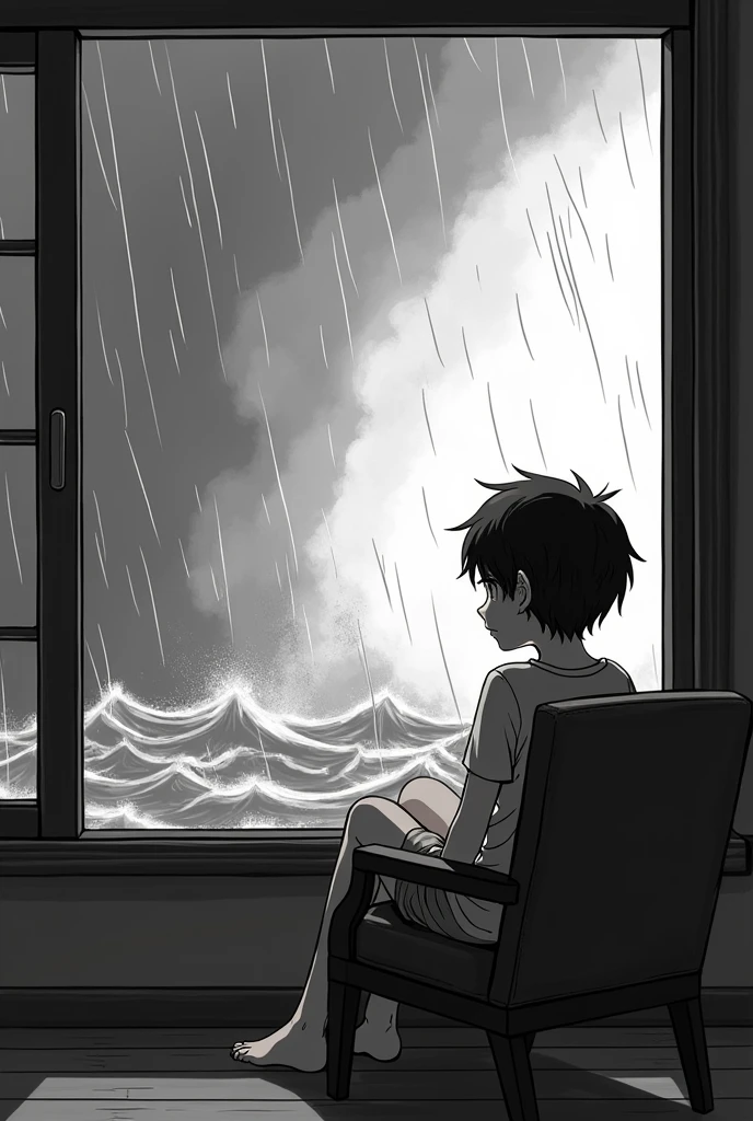 anime-style black and white image of a character sitting on a chair in his own room watching a storm from the window