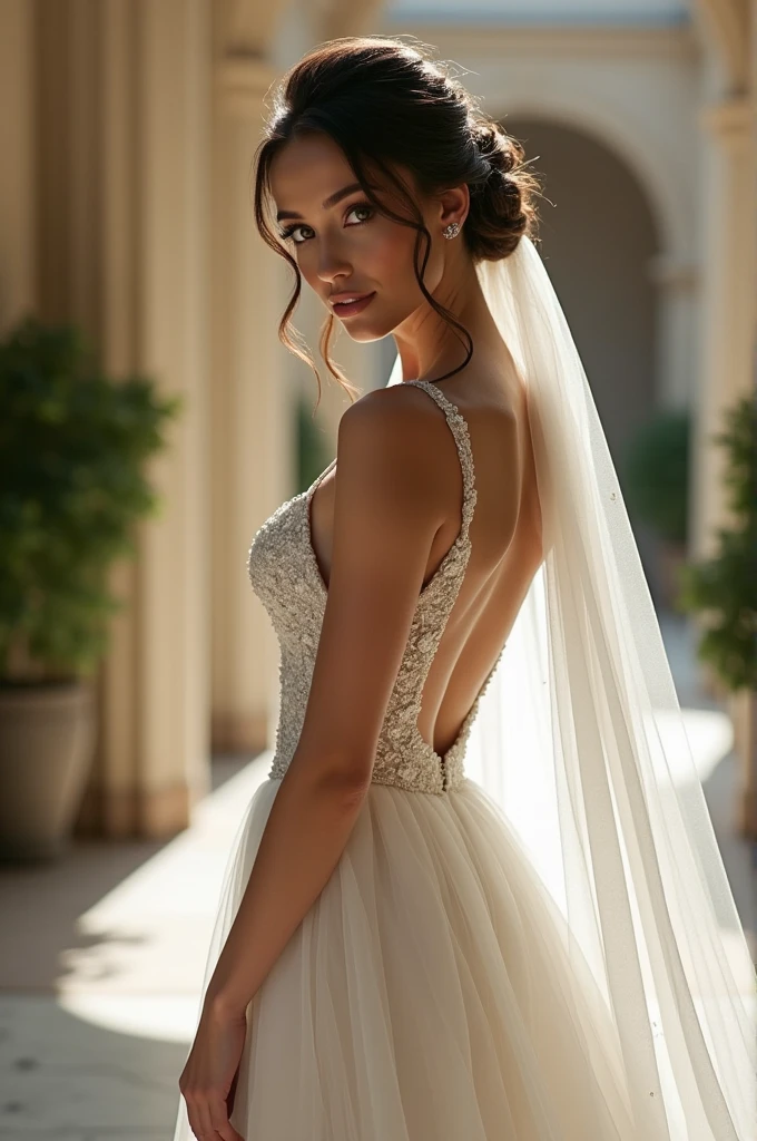Beautiful young woman, 22 years old, long black hair and blue eyes. She is wearing a mid-century wedding dress with a white veil. behind her a luxurious mansion in Italy. The expression on his arrogant face, highlighted by his blue eyes