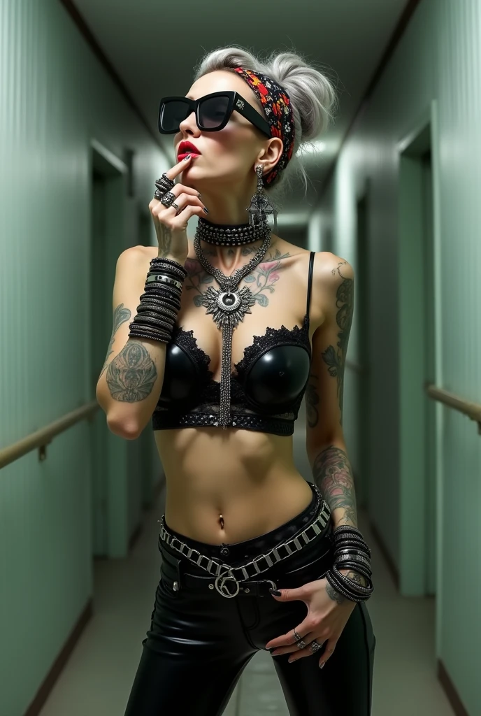 russian milf woman, grey hair (bouffant, top bun) and oversized square sunglasses and wide colourful bandana as headband, with very light green eyes, extremely pale. Big lips. Black lace push up bra, silicone breast,, skintight shiny black leggings. Flip flops. Lots of thick wide studded bracelets, chain collars and big rings,. Two loose studded belts. Pistol in shoulder holster,. Long earrings with chains and feathers. Standing with legs apart, one hand hands on her hip, the other caressing her neck, stretching her neck and looking up at the ceiling in surprise, craving., Neck, chest, stomach and wrists heavily tattoed. Toned abdominals, thin neck, slim legs and thin arms. Narrow hips. At a long narrow corridor at night. Full body.