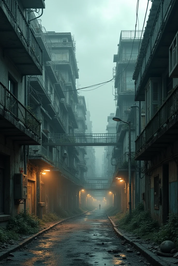 The real world is based on a modern city with a gloomy atmosphere.. The streets are deserted and in ruins, with old buildings and abandoned houses that seem to be decaying. The lighting is dim, with flickering lights and shadows stretching ominously. The city has a labyrinthine design that reflects confusion and disorder..