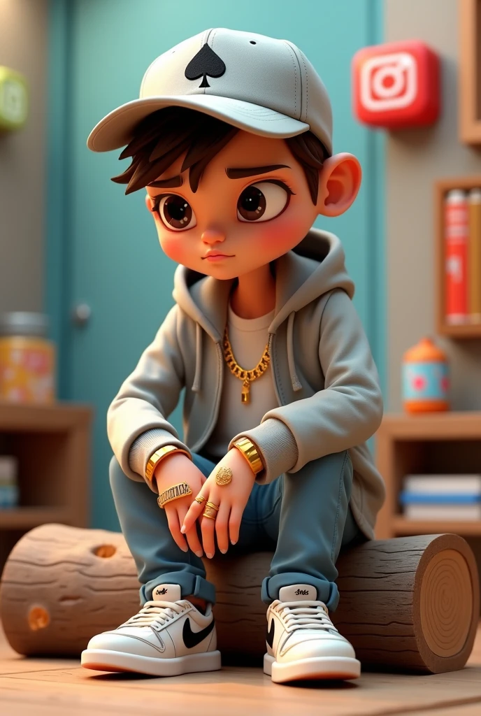 3d pixar type drawing skinny brunette ager,gray cap with a spade suit design,with gold chain type cord rings on finger gold watch looking at the floor Nike chelena sitting on the instagram log . And on the background of the wall profile of the social network Instagram written the name Aleh.homen