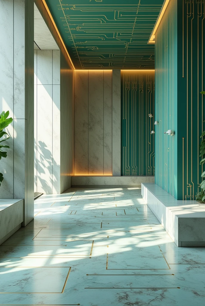 Imagine an interior space that incorporates the design of a circuit board in a subtle and artistic way.. The walls and floor feature printed circuit board patterns., But these patterns are stylized with soft colors and textures that mimic natural materials such as wood or marble.. Circuit lines integrate seamlessly into the design. The space has a relaxed and elegant air, with a color palette that includes neutral tones, soft blues and emerald greens.
