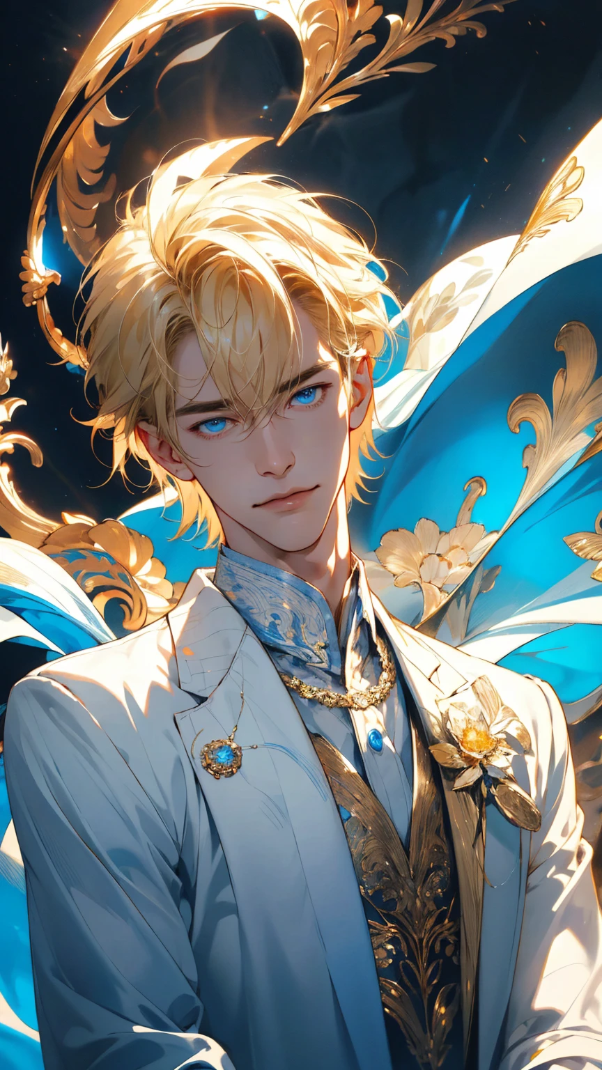 {(best quality, 8k, masterpiece, HDR, soft lighting, perfect image, digital illustration, manhwa art, hyper detailed image, perfect lines, realistic)} 1 very handsome man, short straight blonde hair with bangs, bright blue eyes, clothes luxurious, white and gold prince clothing, regal, (imposing posture, smirking expression), {(open sea background at port, daytime, beautiful)}