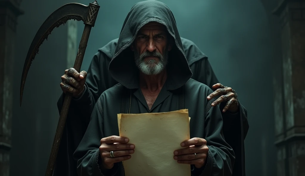 man holding a contract with a reaper behind him